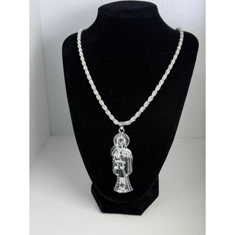 925 Sterling Silver Santa Muerte Pendant 4.7mm Rope Chain Necklace 22 Inch